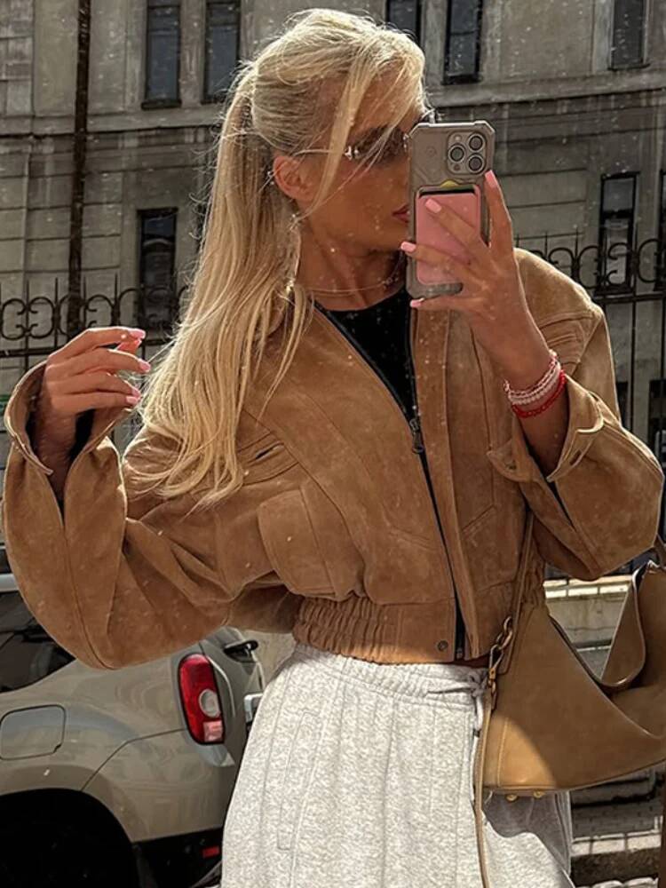Street Fashion Taiwan - Fashion Short Brown Suede Jacket Women